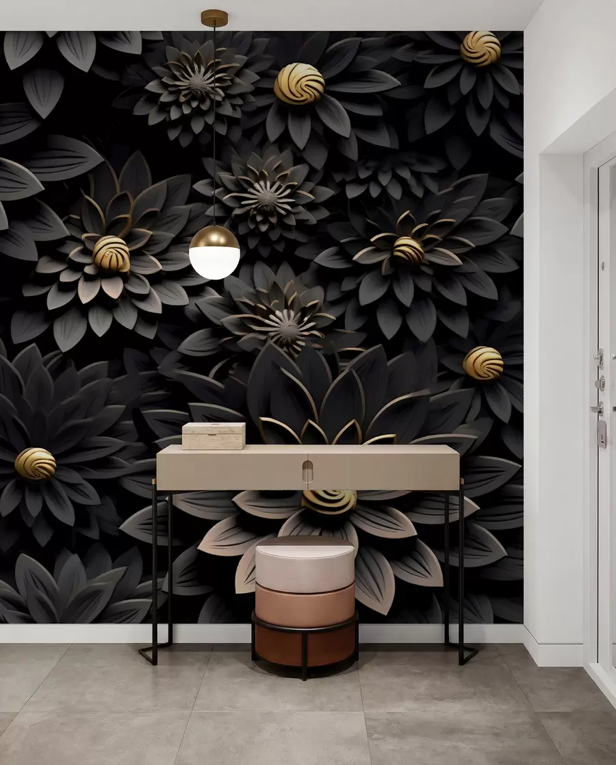 Fotobehang Zwarte bloemen met 3D-effect u95249