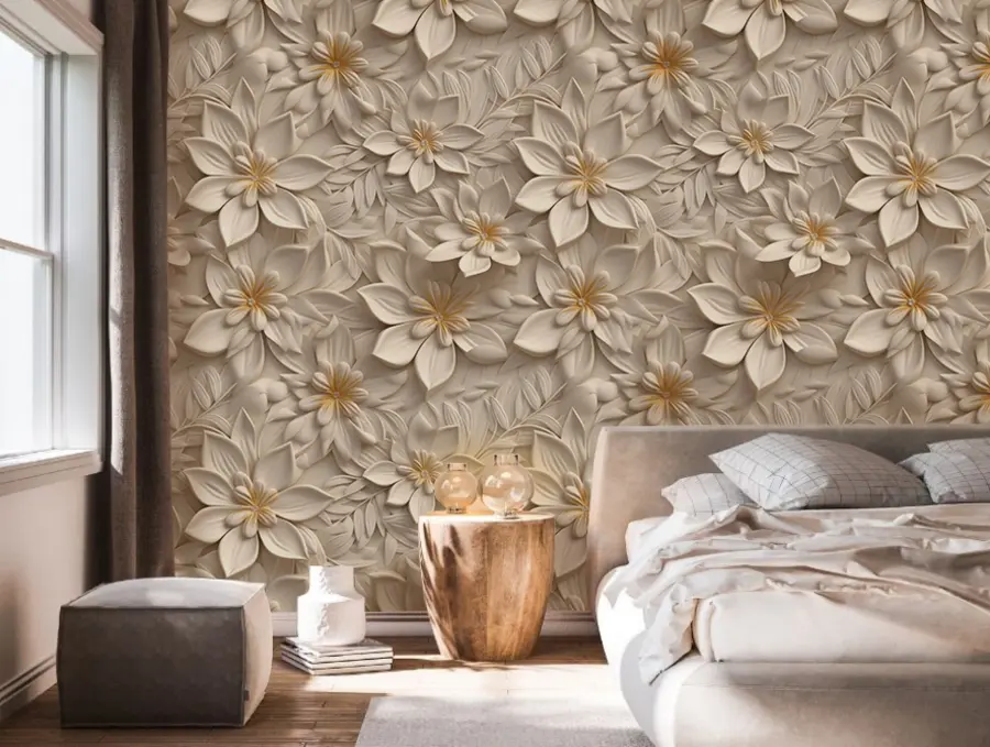 Fotobehang Verstrooiing van witte bloemen met een 3D-effect u95251