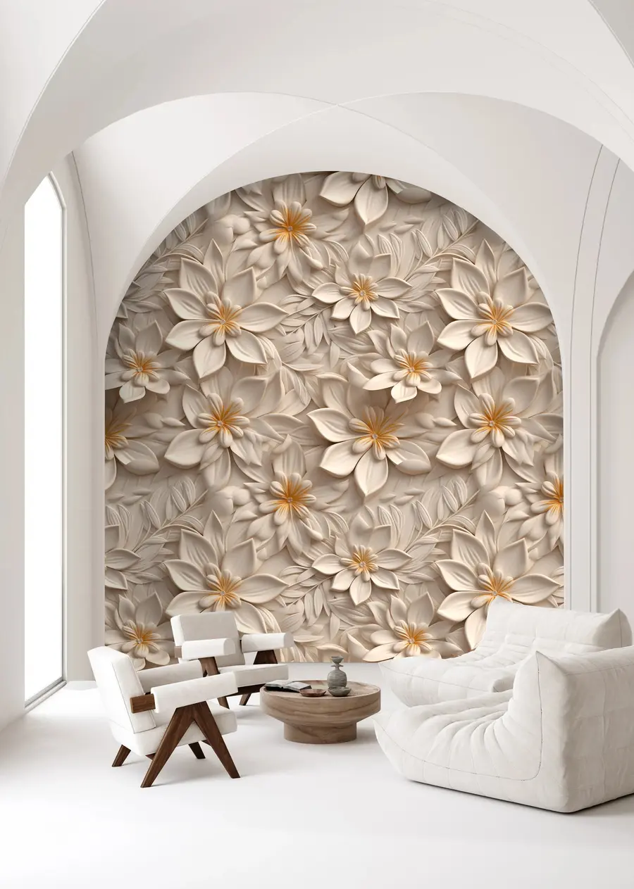 Fotobehang Verstrooiing van witte bloemen met een 3D-effect u95251