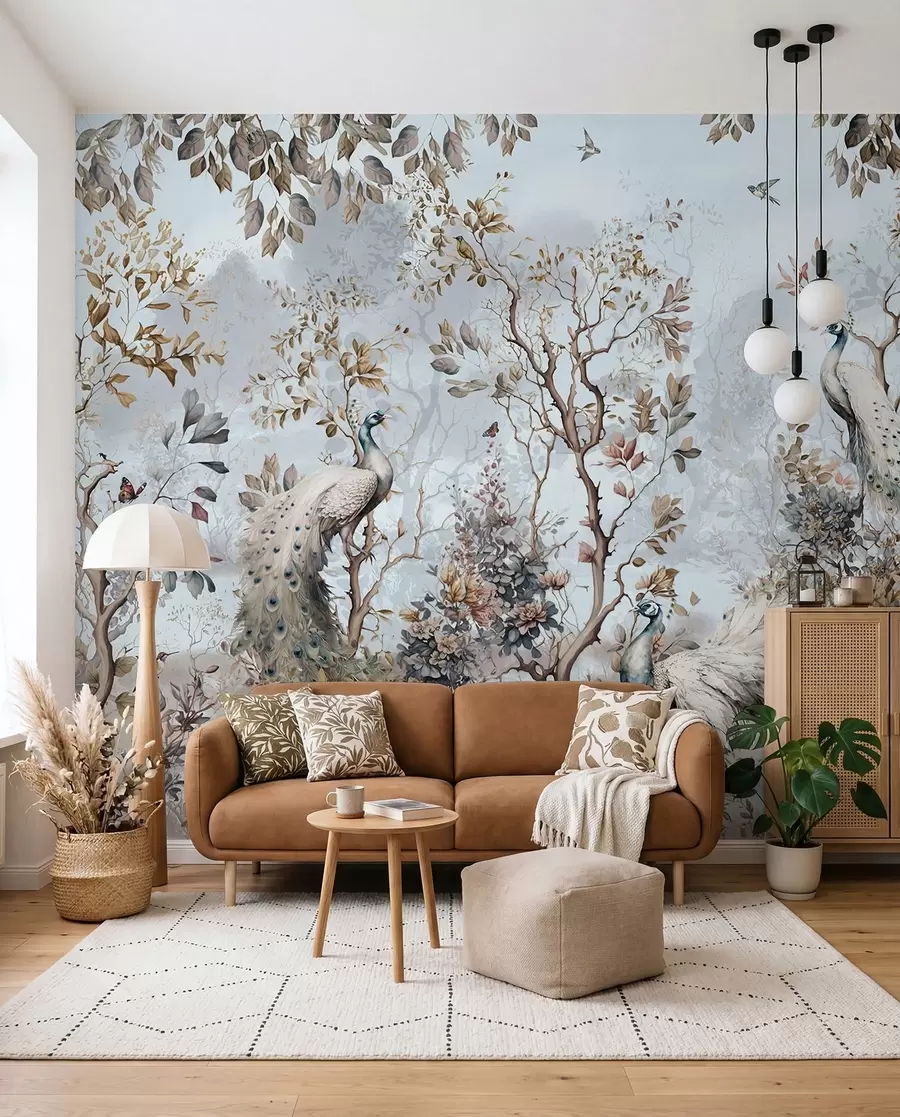 Fotobehang Pauwen tussen bloesems u94849