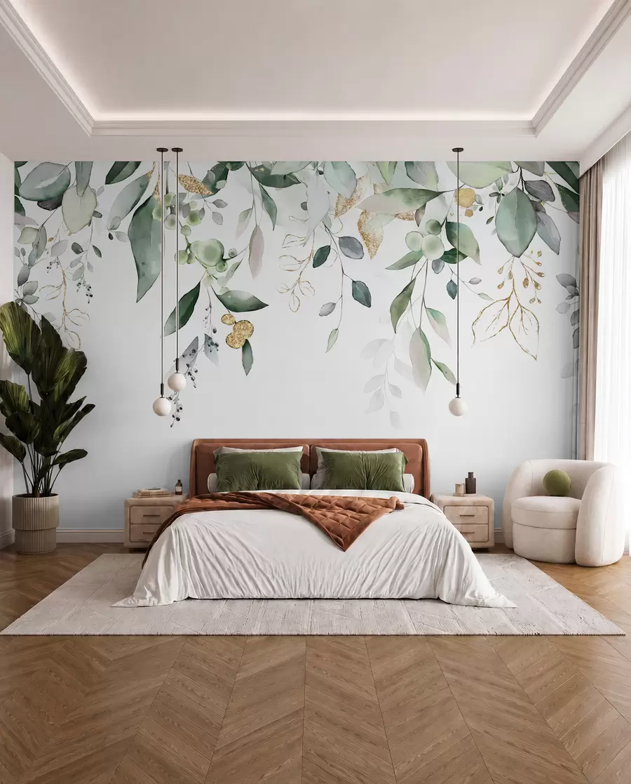 Fotobehang Hangende eucalyptusbladeren op een witte achtergrond u95506