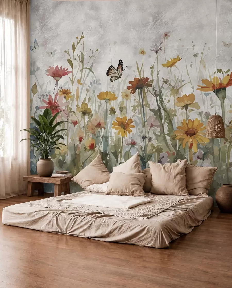 Fotobehang Aquarel wilde bloemen en vlinders u95406