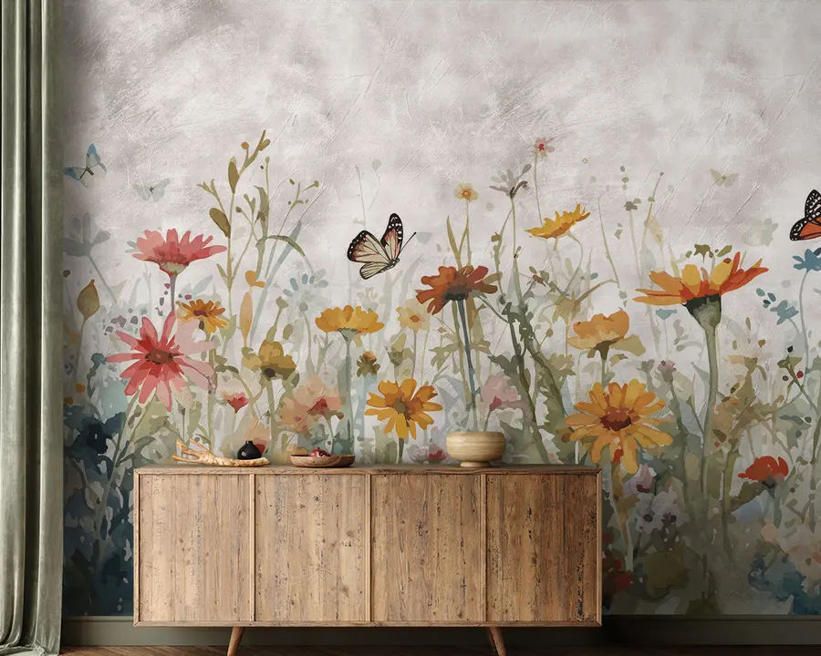 Fotobehang Aquarel wilde bloemen en vlinders u95406