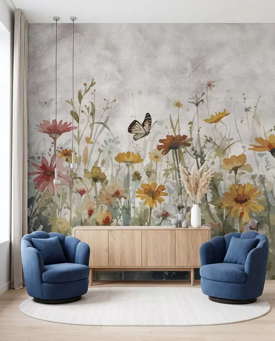 Fotobehang Vlinders tussen bloemen u95406