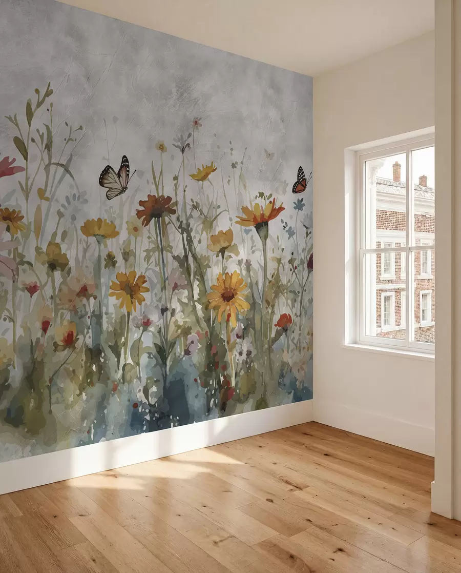 Fotobehang Aquarel wilde bloemen en vlinders u95406
