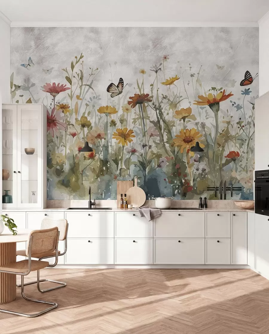 Fotobehang Aquarel wilde bloemen en vlinders u95406