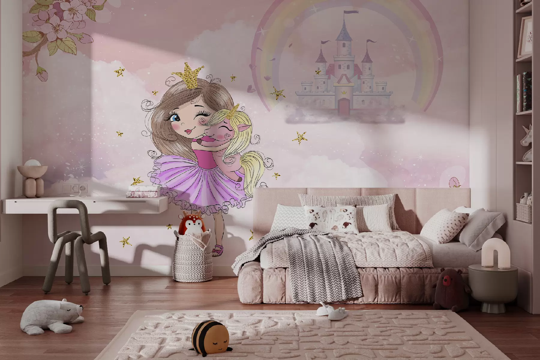 Fotobehang Prinses en eenhoorn op de achtergrond van het kasteel met een regenboog u95401