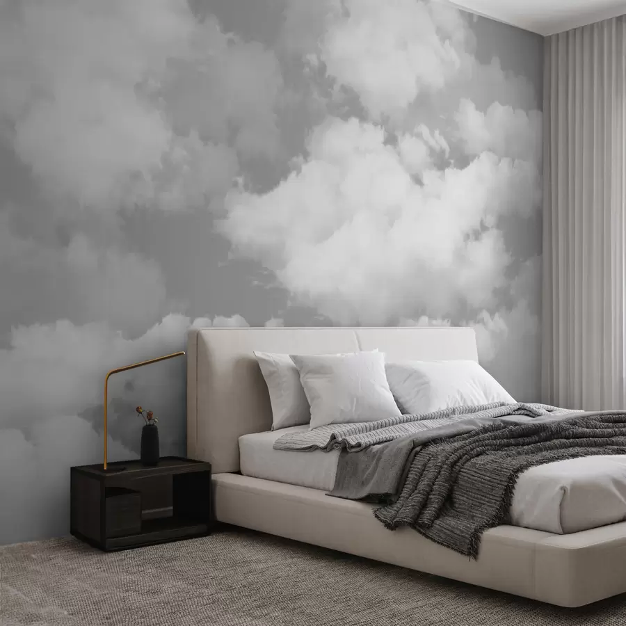 Fotobehang Witte wolken aan een grijze lucht zijn een nieuwe trend in het interieur u94178