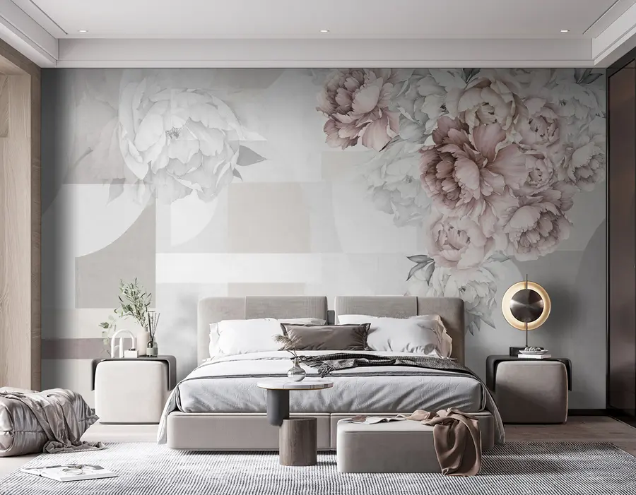 Fotobehang Aquarel pioenrozen in roze kleur met geometrische achtergrond u95855