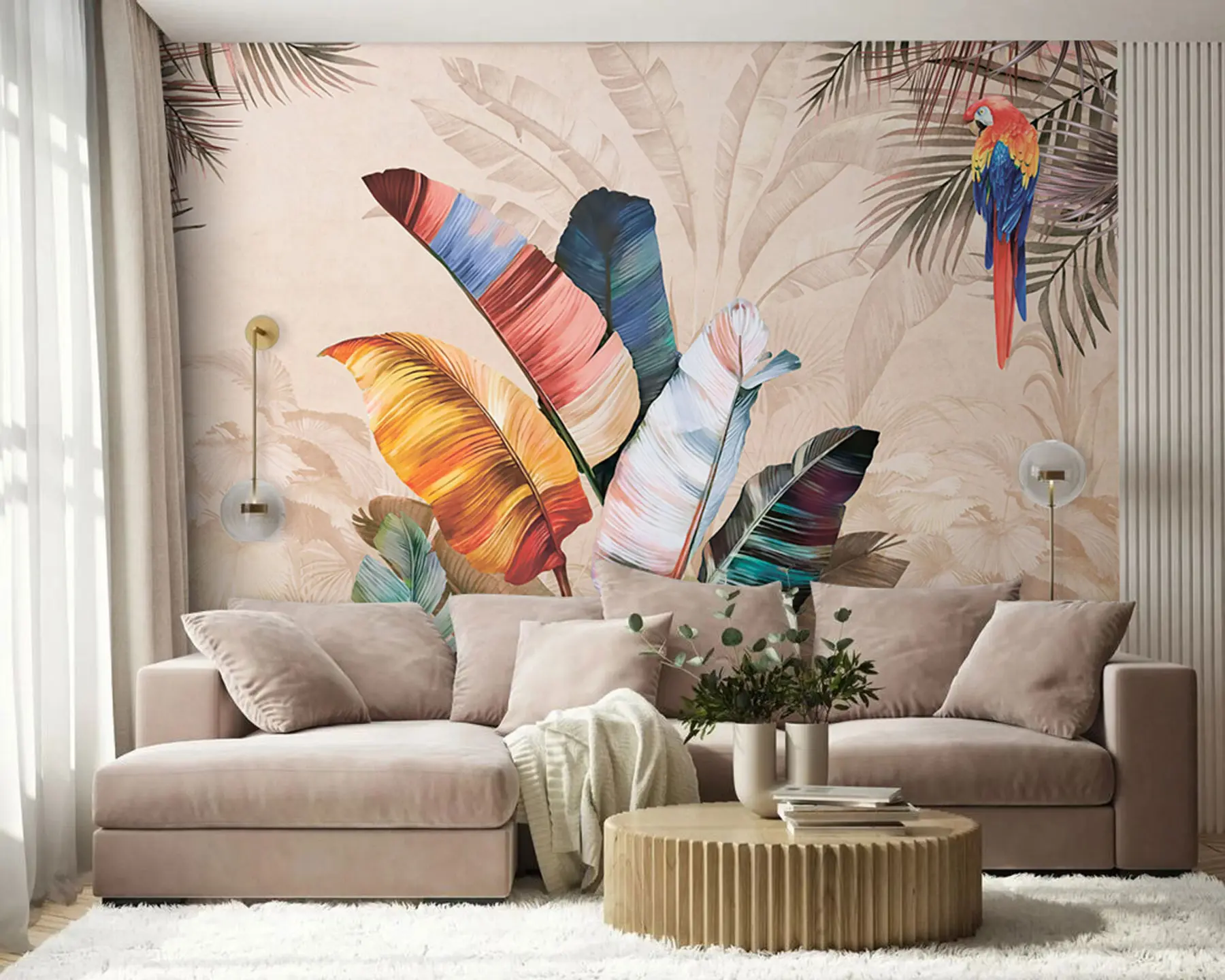 Fotobehang Kleurrijke palmbladen met tropische papegaaivogel u95050