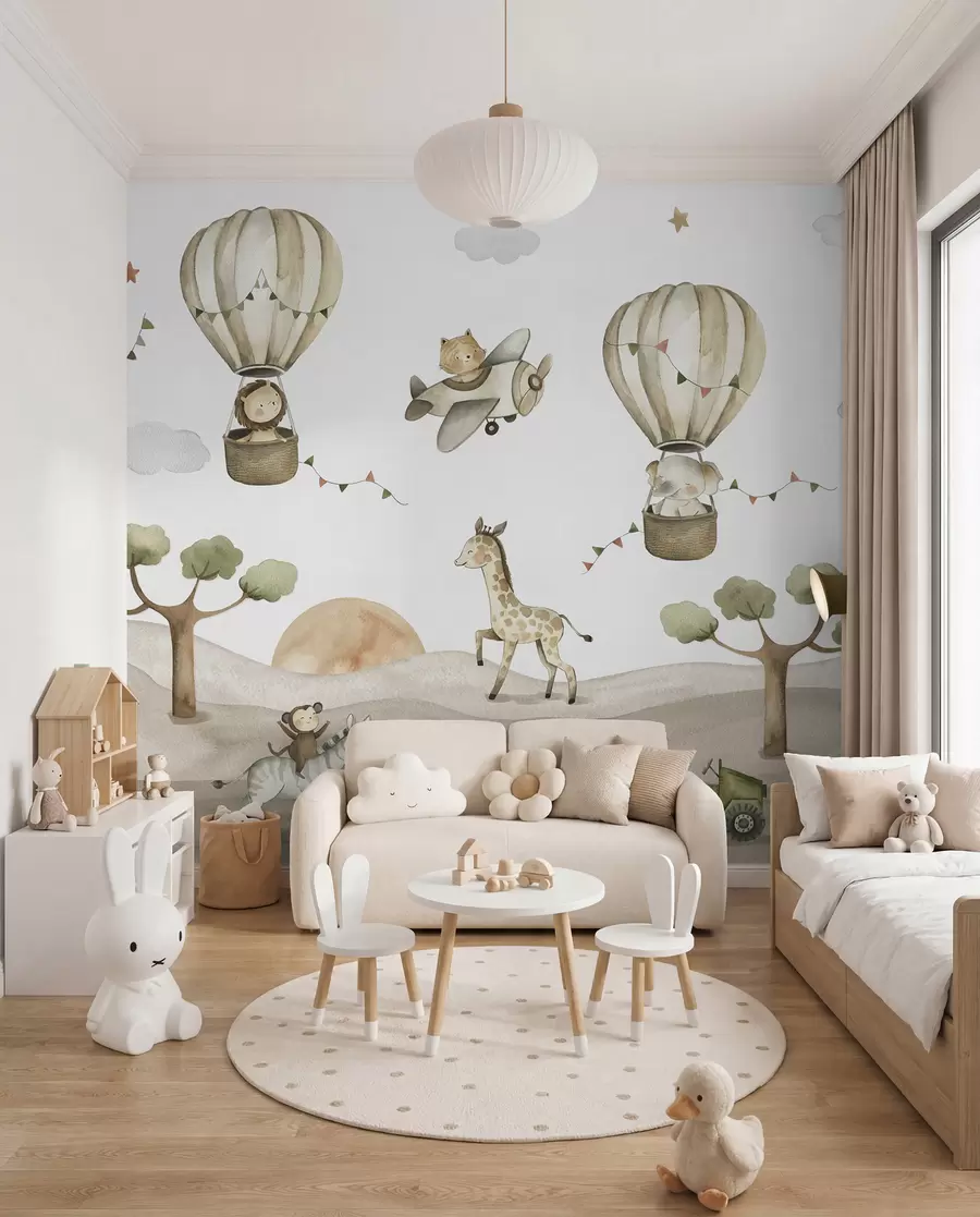 Fotobehang Aquareltekening met dieren, ballonnen, vliegtuig en auto u95882