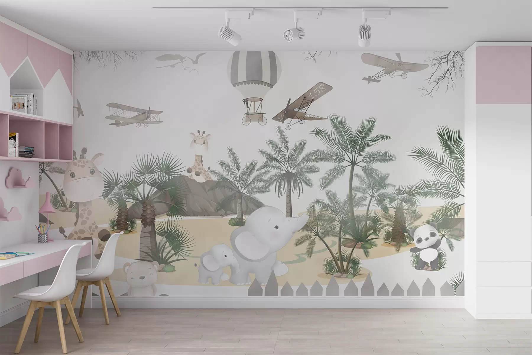 Fotobehang Ontwerp met schattige dieren, tropische bomen en ballonnen u95899
