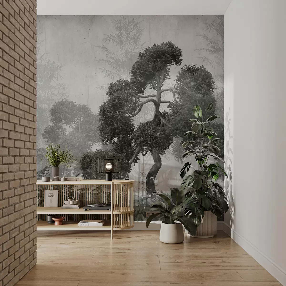 Fotobehang Oude bomen in de mist u95901