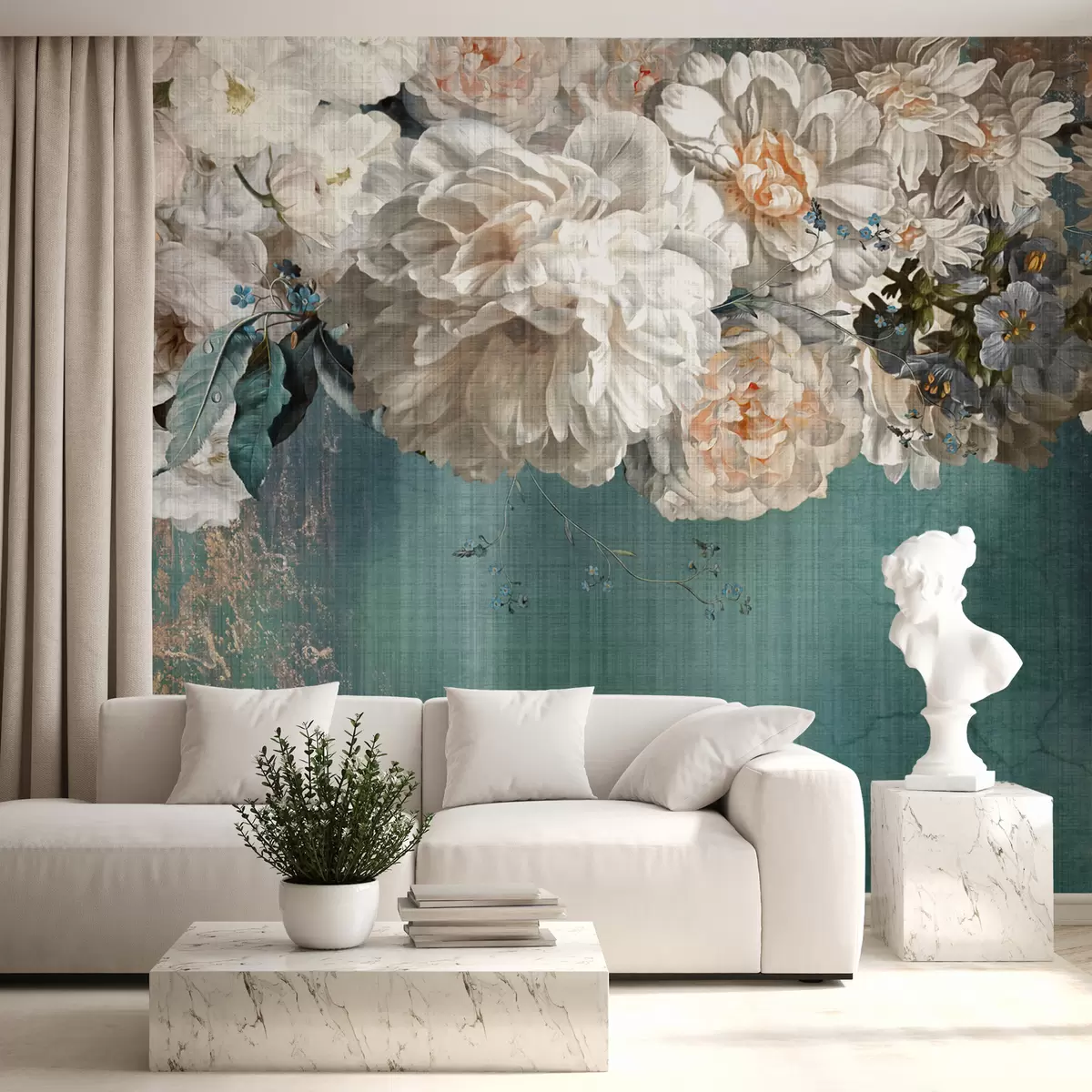 Fotobehang Groot weelderig boeket bloemen met grungetextuur u95430