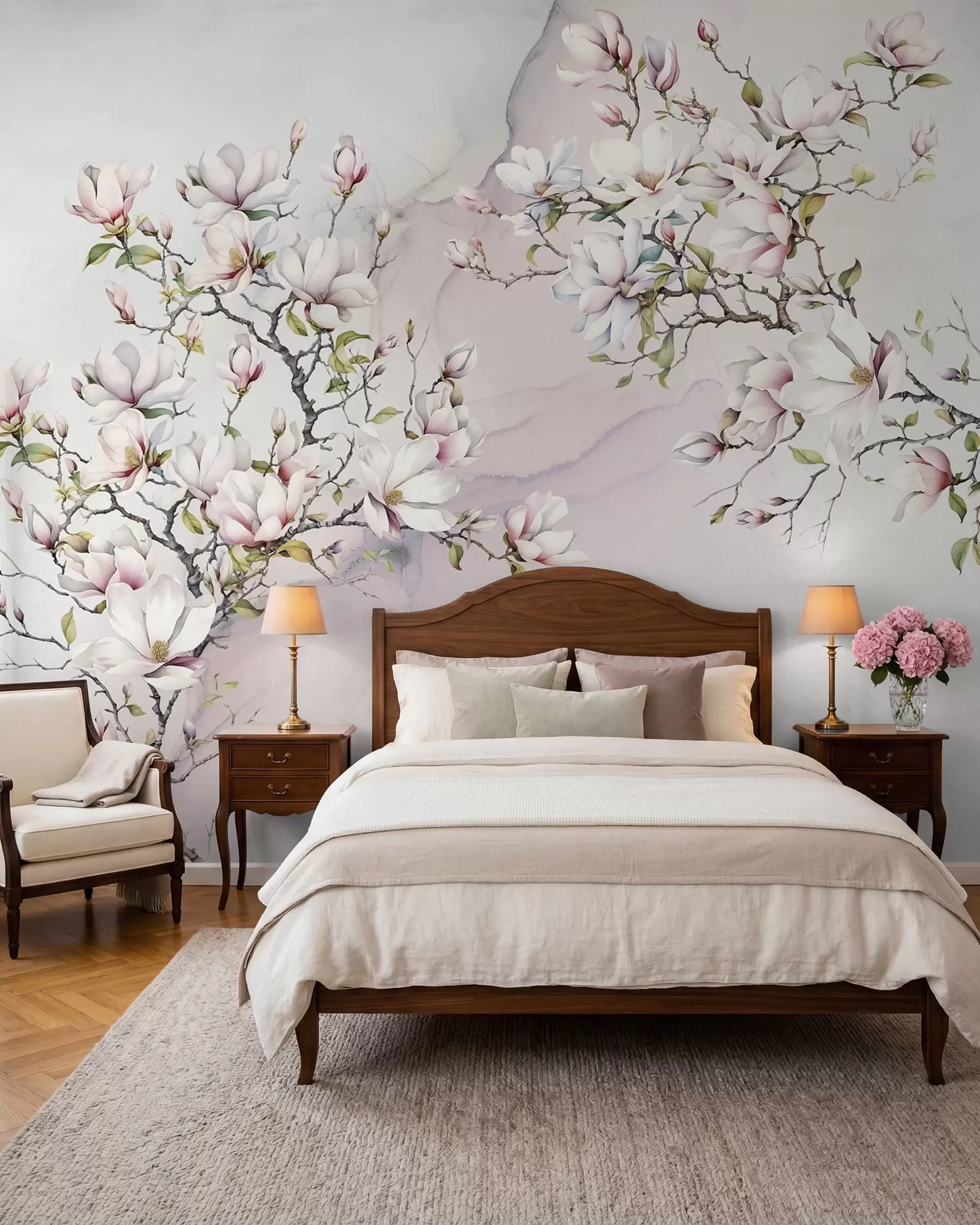 Fotobehang Bloeiende magnoliabomen op een marmeren achtergrond u96114