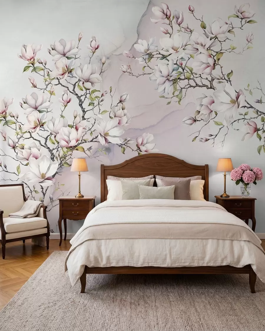Fotobehang Bloeiende magnoliabomen op een marmeren achtergrond u96114