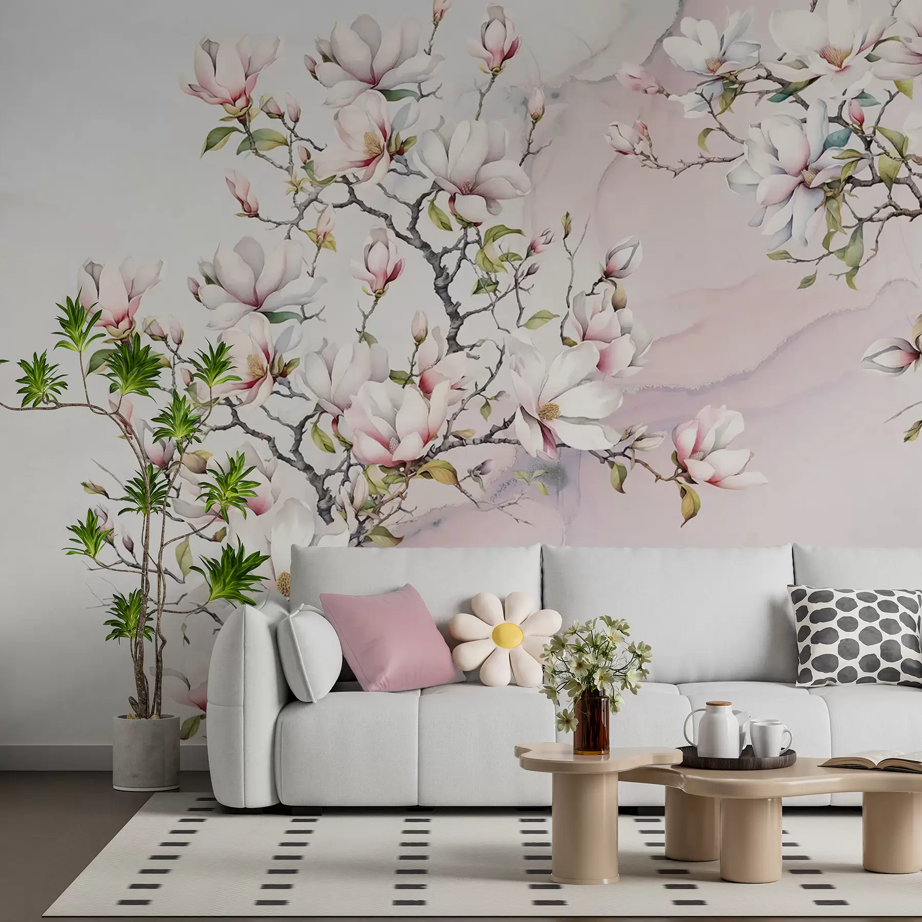  Schilderijen Bloeiende magnoliabomen op een marmeren achtergrond u96114