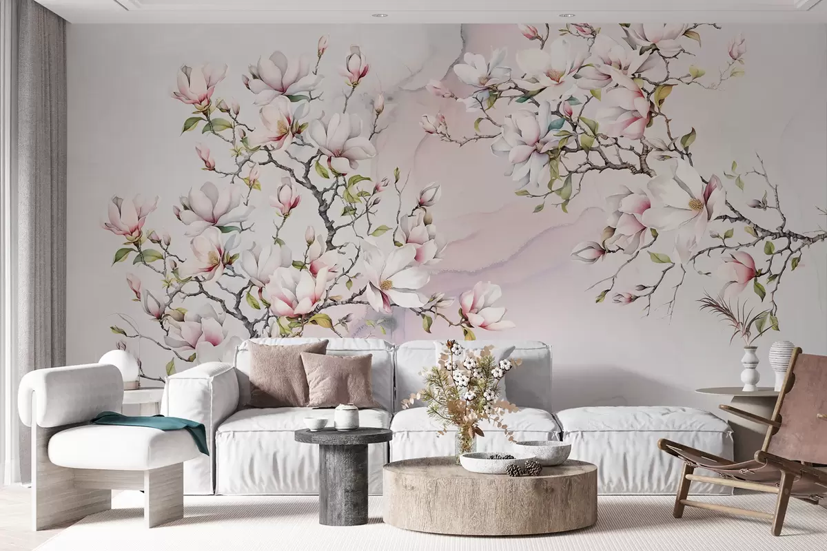 Fotobehang Bloeiende magnoliabomen op een marmeren achtergrond u96114