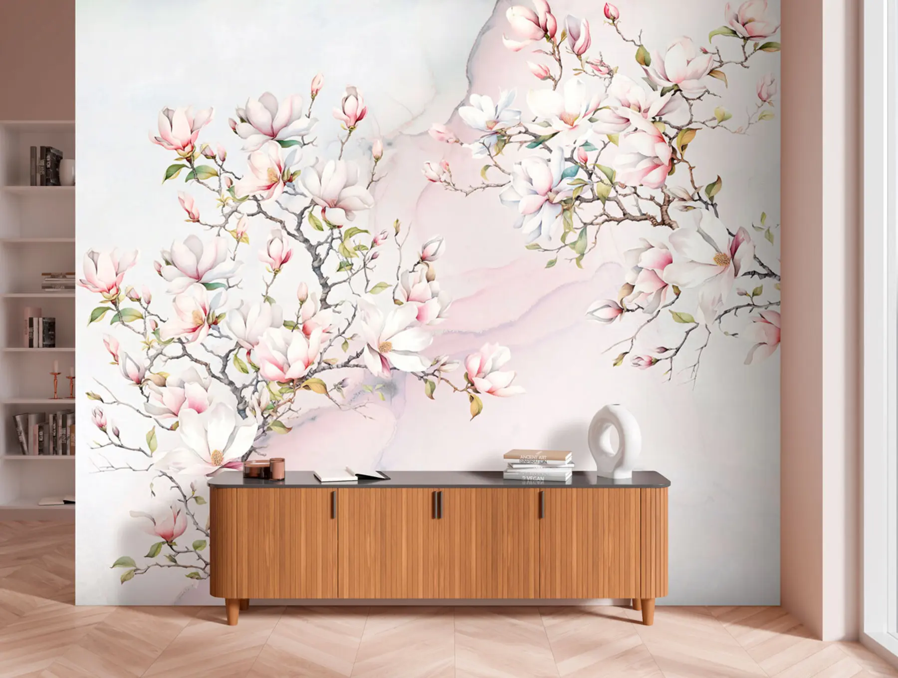 Fotobehang Bloeiende magnoliabomen op een marmeren achtergrond u96114