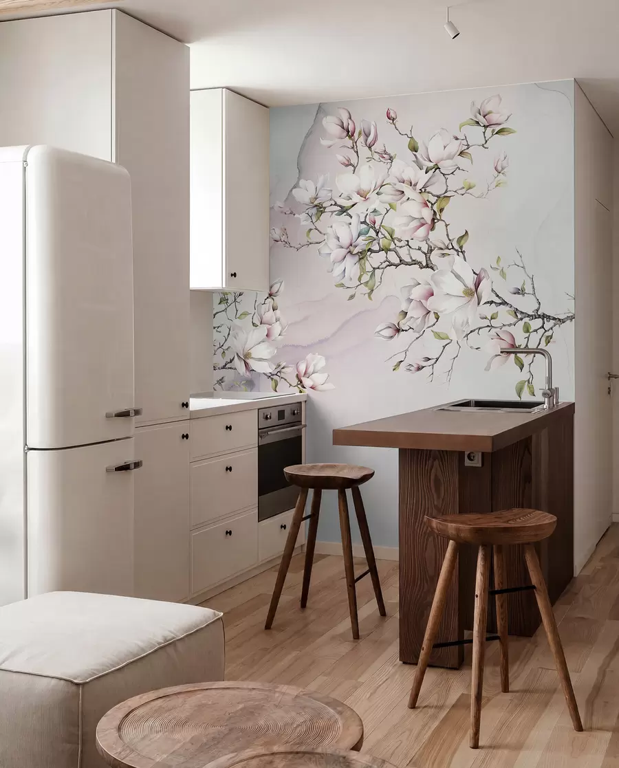 Fotobehang Bloeiende magnoliabomen op een marmeren achtergrond u96114