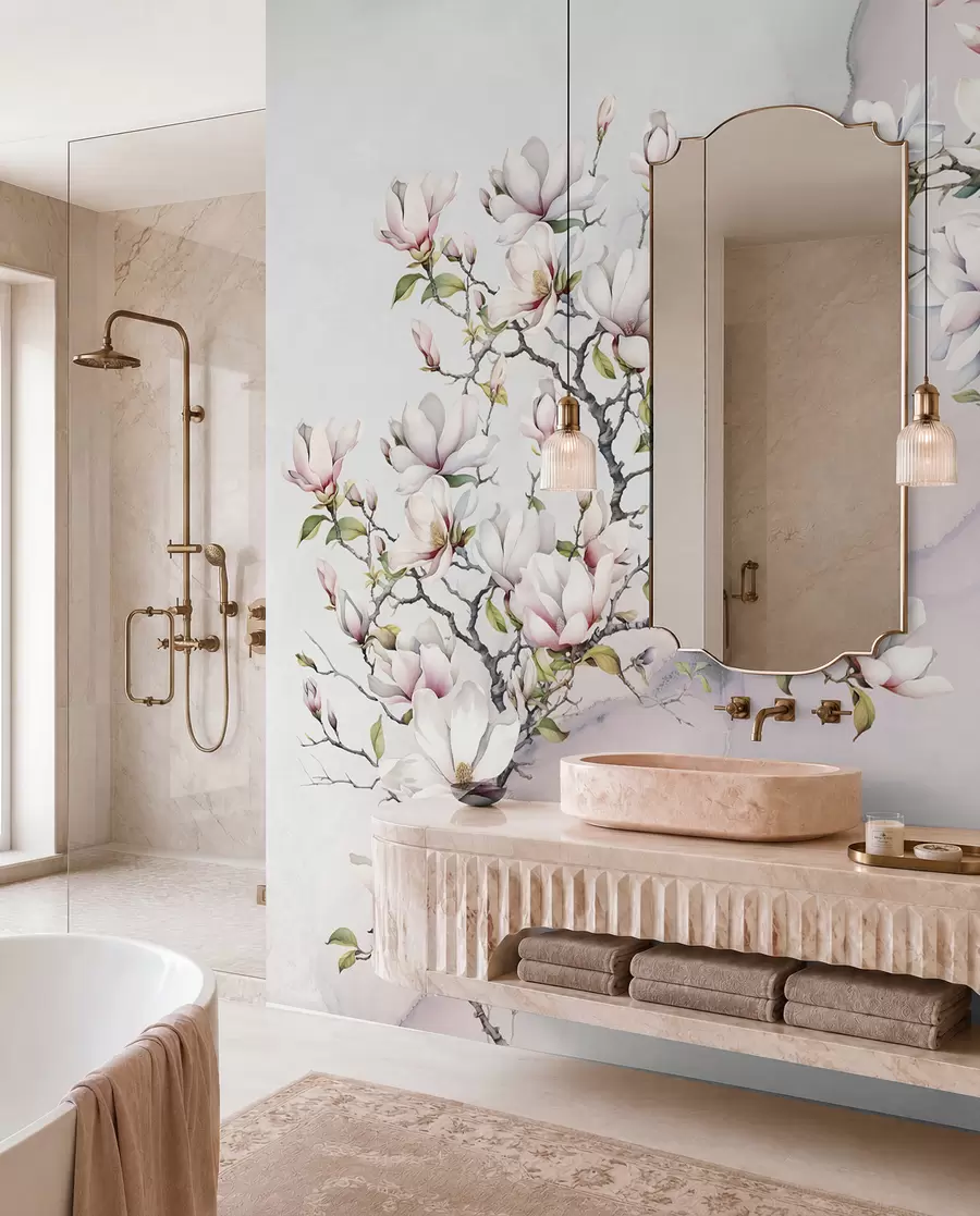 Fotobehang Bloeiende magnoliabomen op een marmeren achtergrond u96114