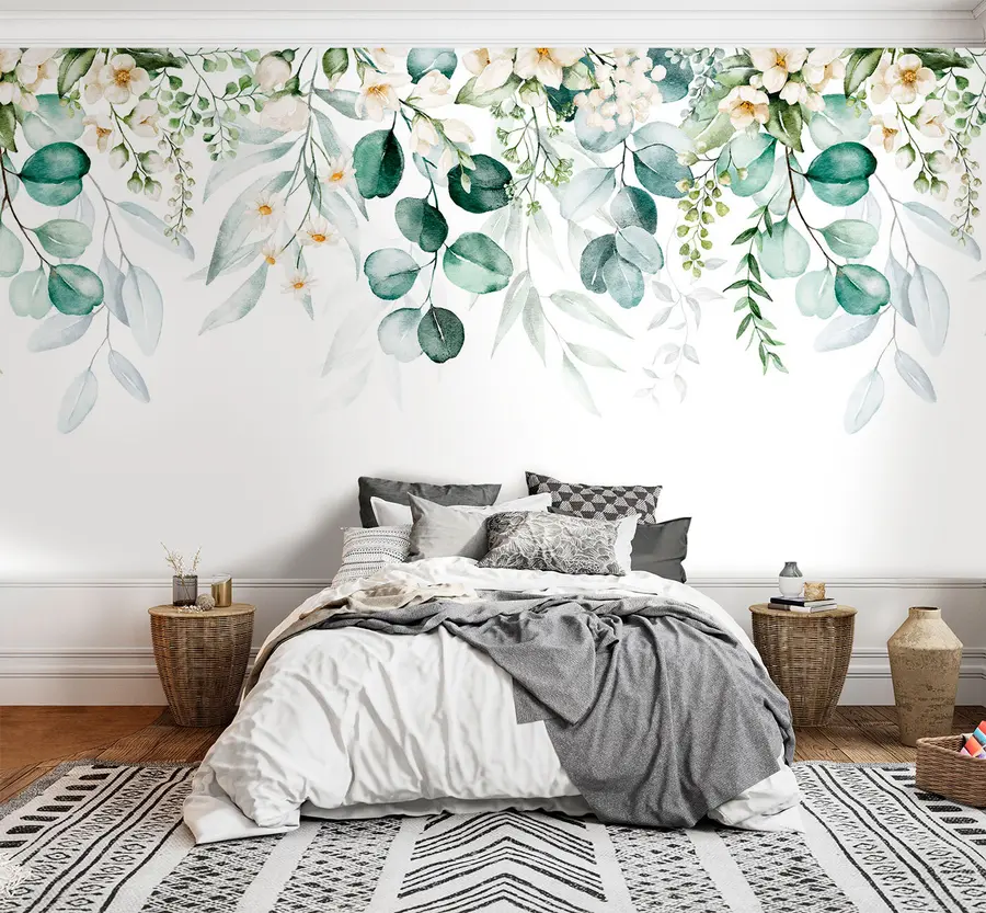 Fotobehang Illustratie met groene bladeren, witte bloemen, pioenroos en takken u96063