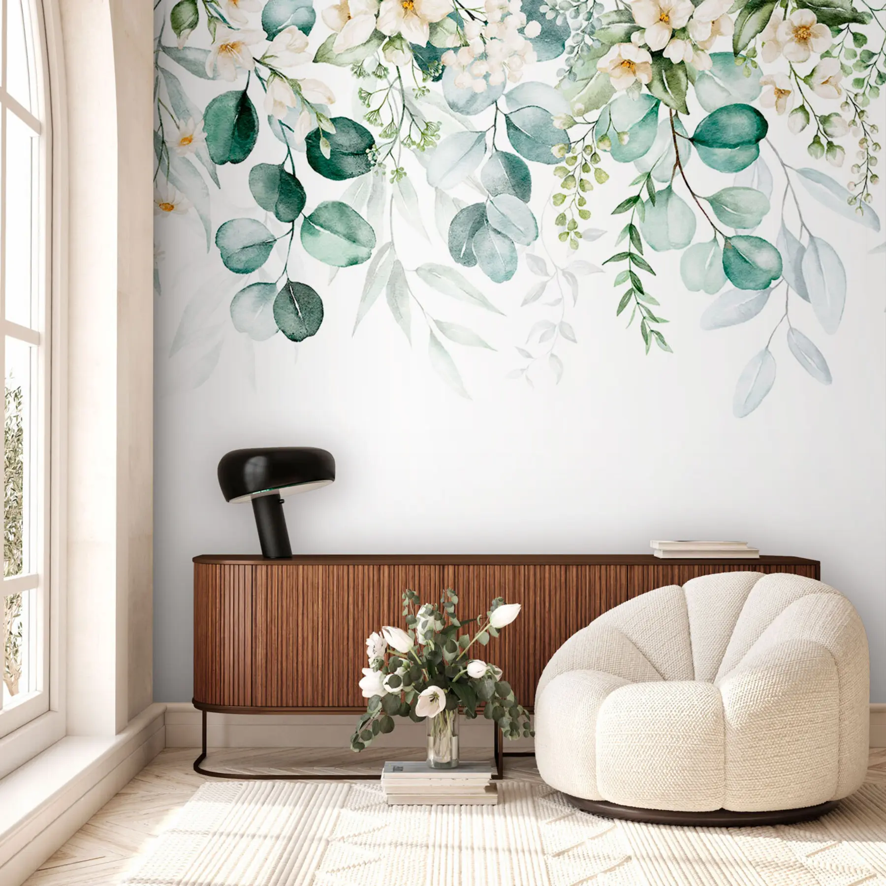 Fotobehang Illustratie met groene bladeren, witte bloemen, pioenroos en takken u96063