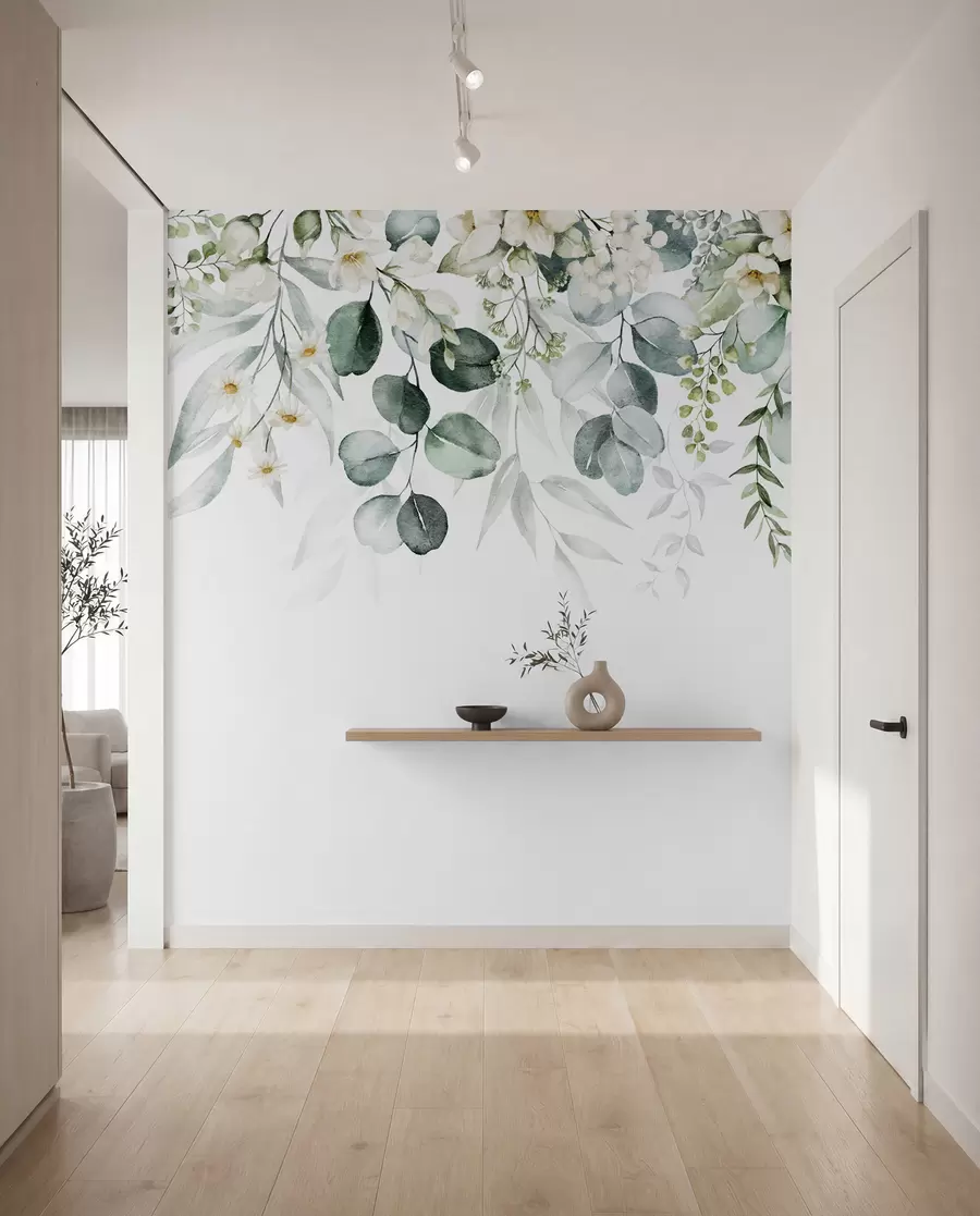 Fotobehang Illustratie met groene bladeren, witte bloemen, pioenroos en takken u96063