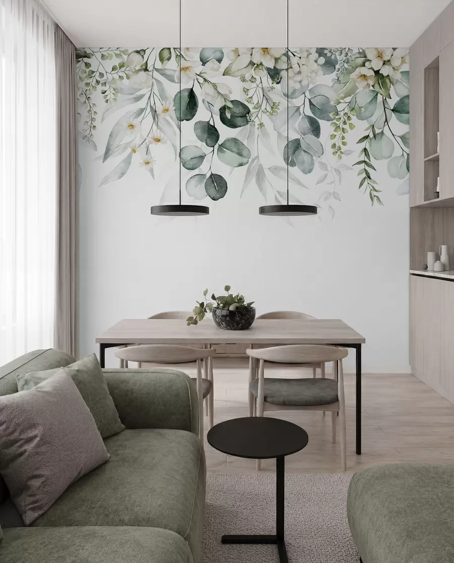 Fotobehang Illustratie met groene bladeren, witte bloemen, pioenroos en takken u96063