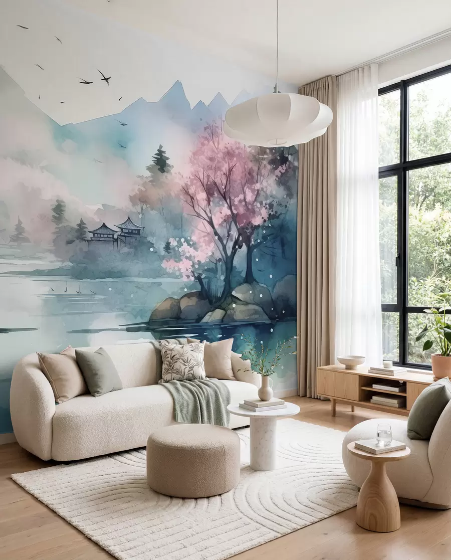 Fotobehang Bergbaai in roze en blauw u96039