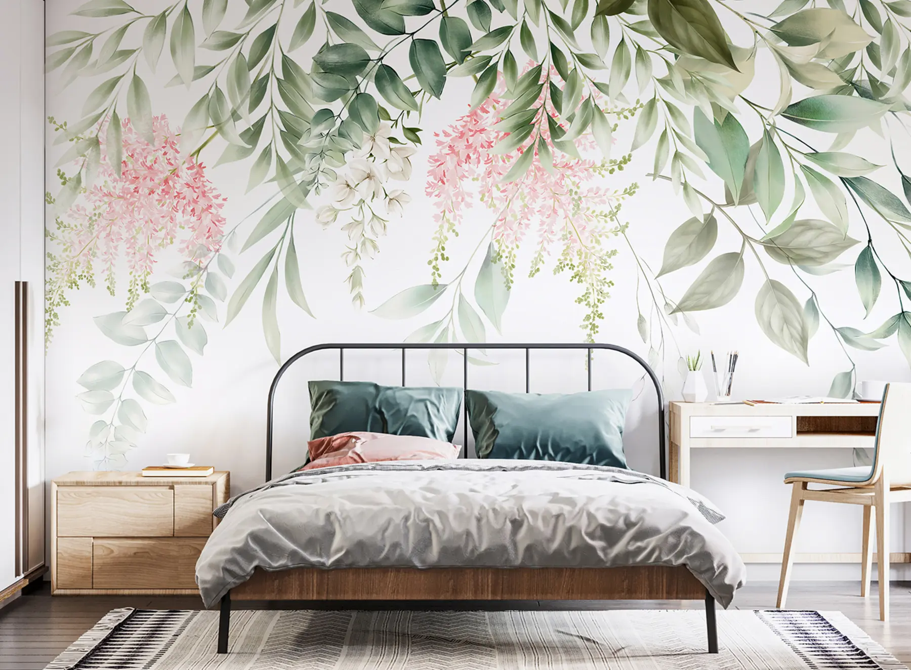 Fotobehang Gebladerte met roze bloemen u95923