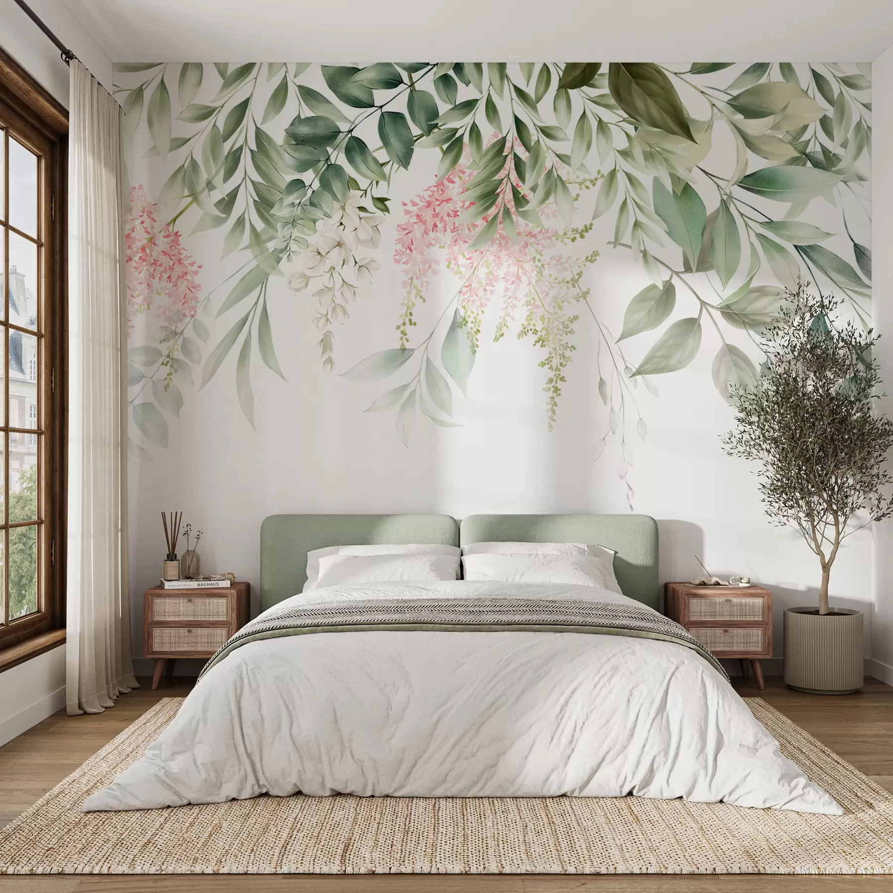 Fotobehang Gebladerte met roze bloemen u95923
