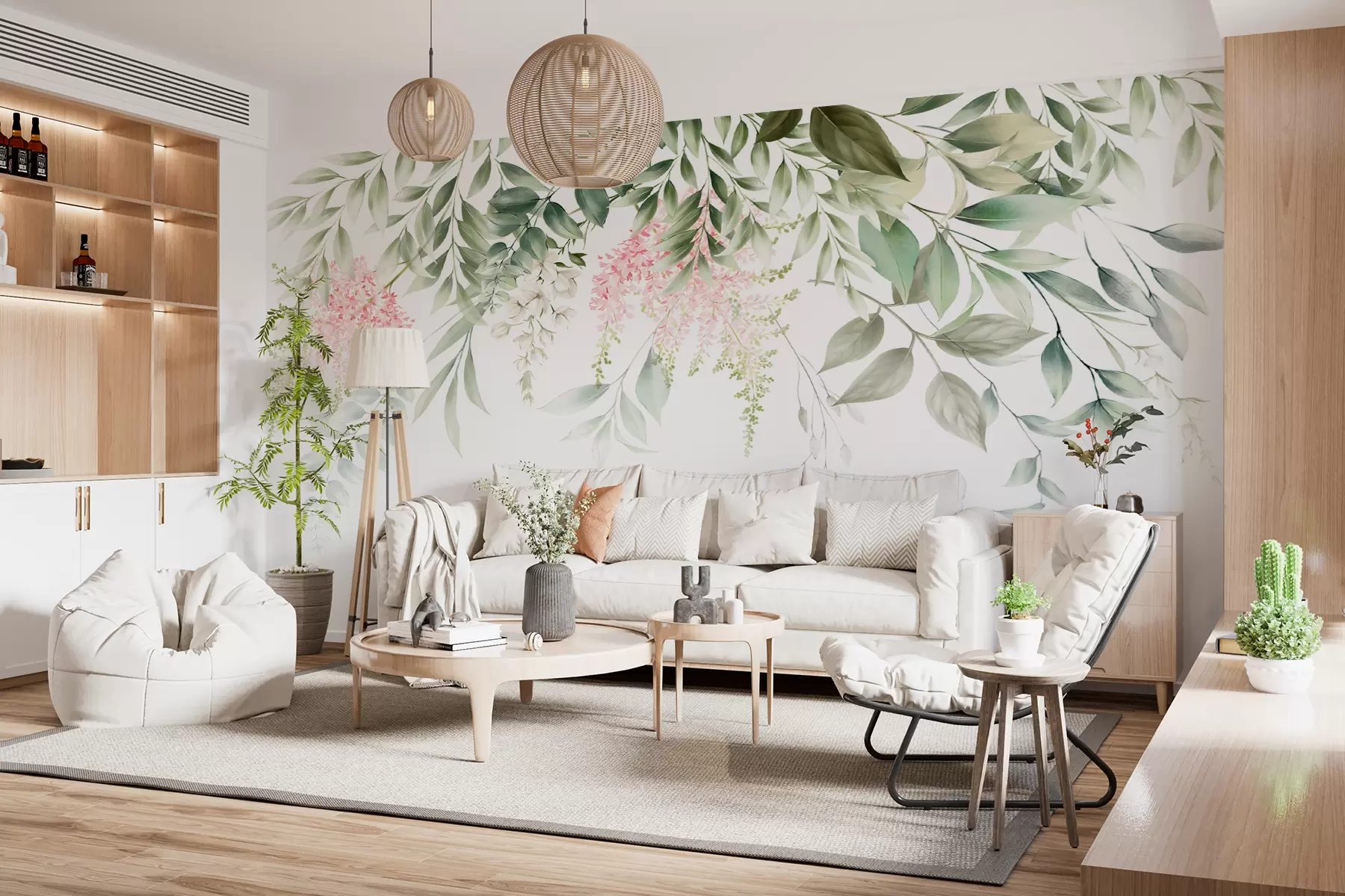 Fotobehang Gebladerte met roze bloemen u95923