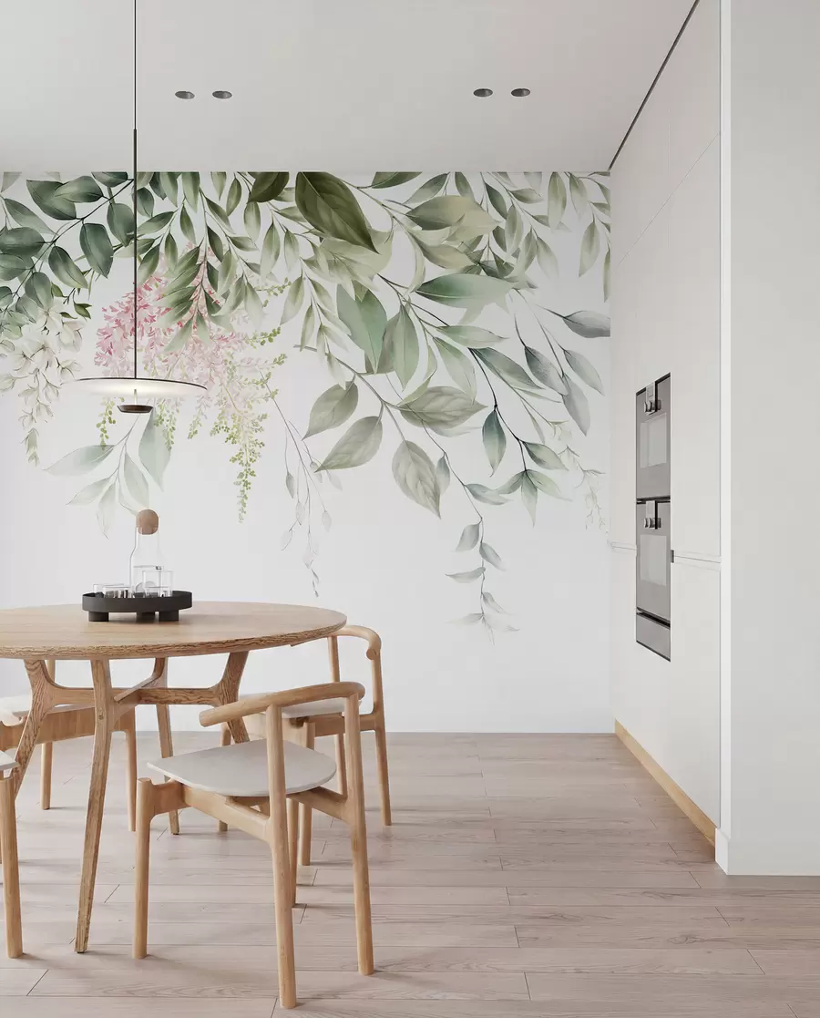 Fotobehang Gebladerte met roze bloemen u95923