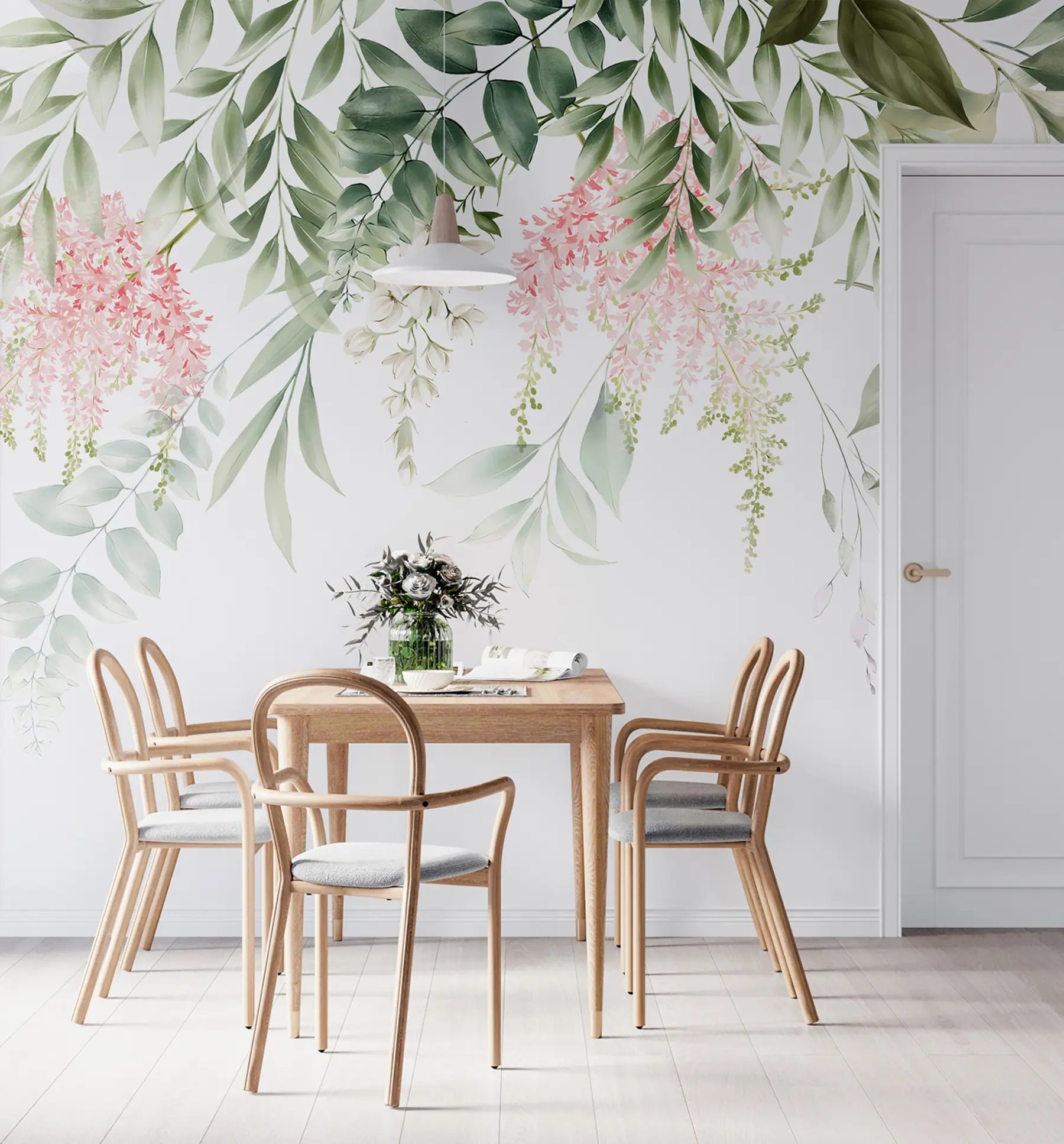 Fotobehang Gebladerte met roze bloemen u95923