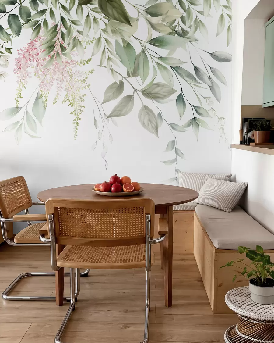 Fotobehang Gebladerte met roze bloemen u95923