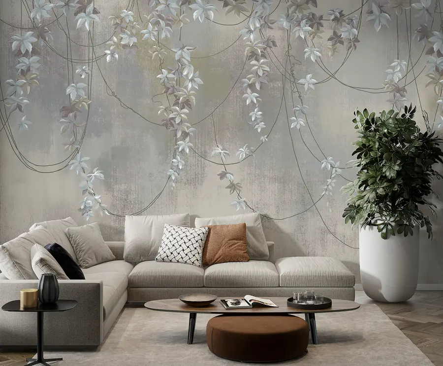 Fotobehang Hangende takken met bladeren en bloemen u95926