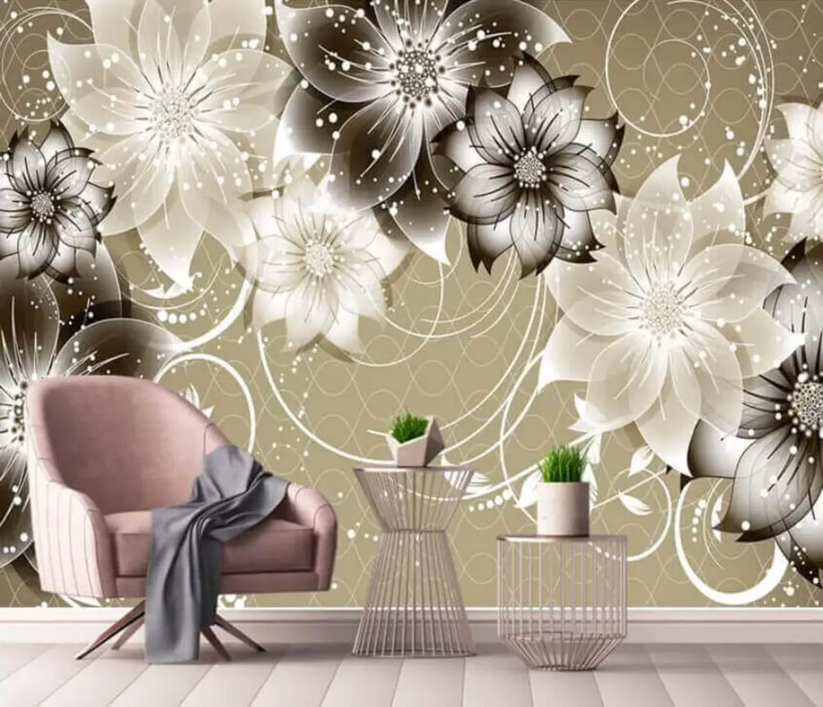 Fotobehang Witte bloemen op een beige achtergrond u17606