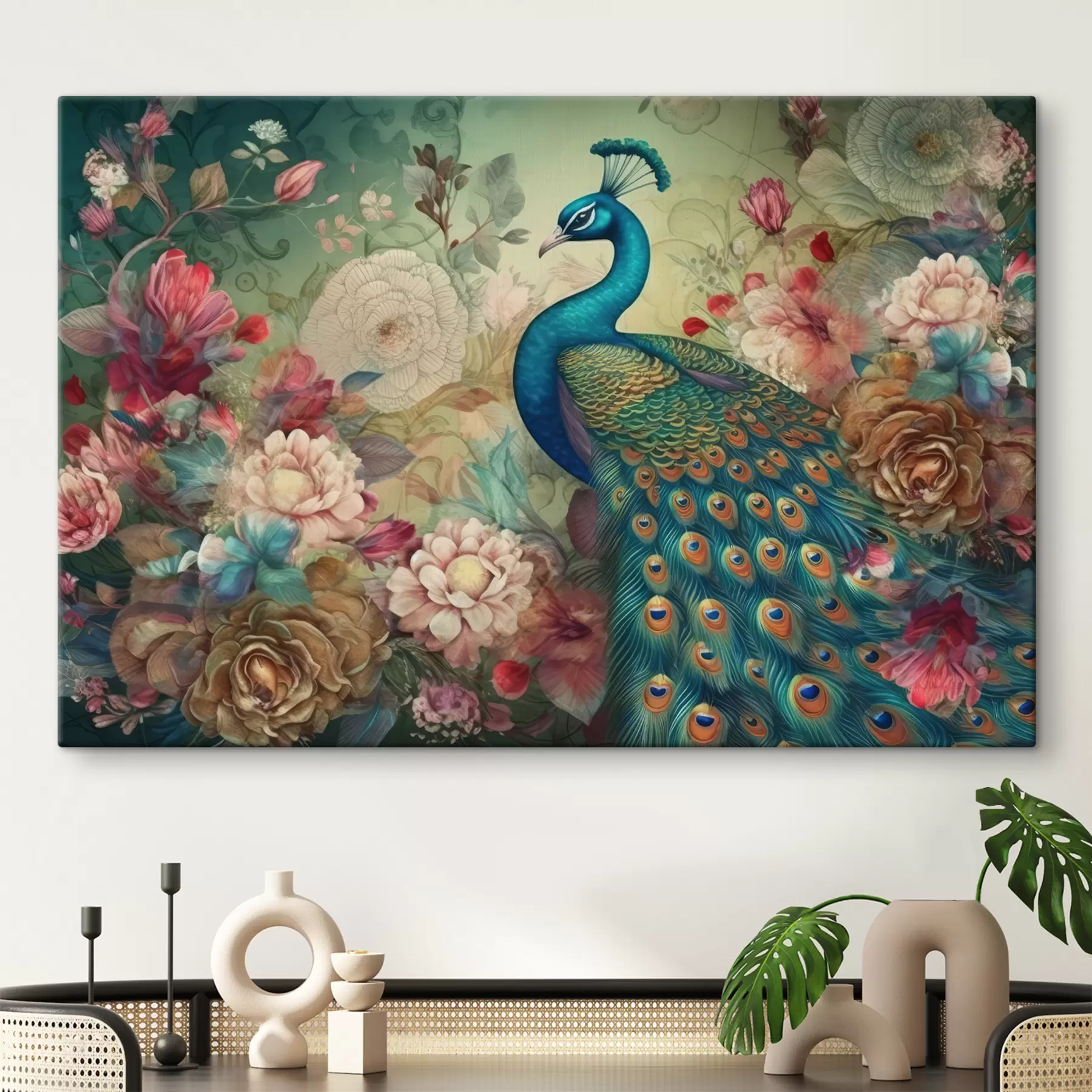 Fotobehang Pauw in bloemen in vintage stijl s34869