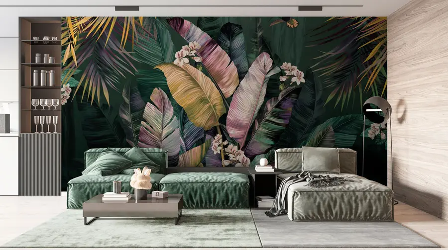 Fotobehang Gekleurde banaan en palmbladeren u94155