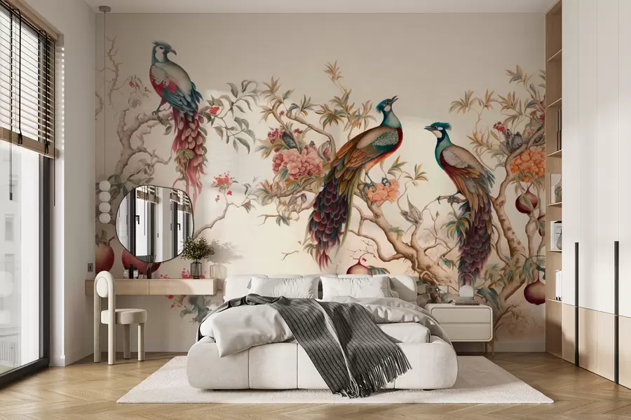 Fotobehang Vogels op de takken van een granaatappel u95667