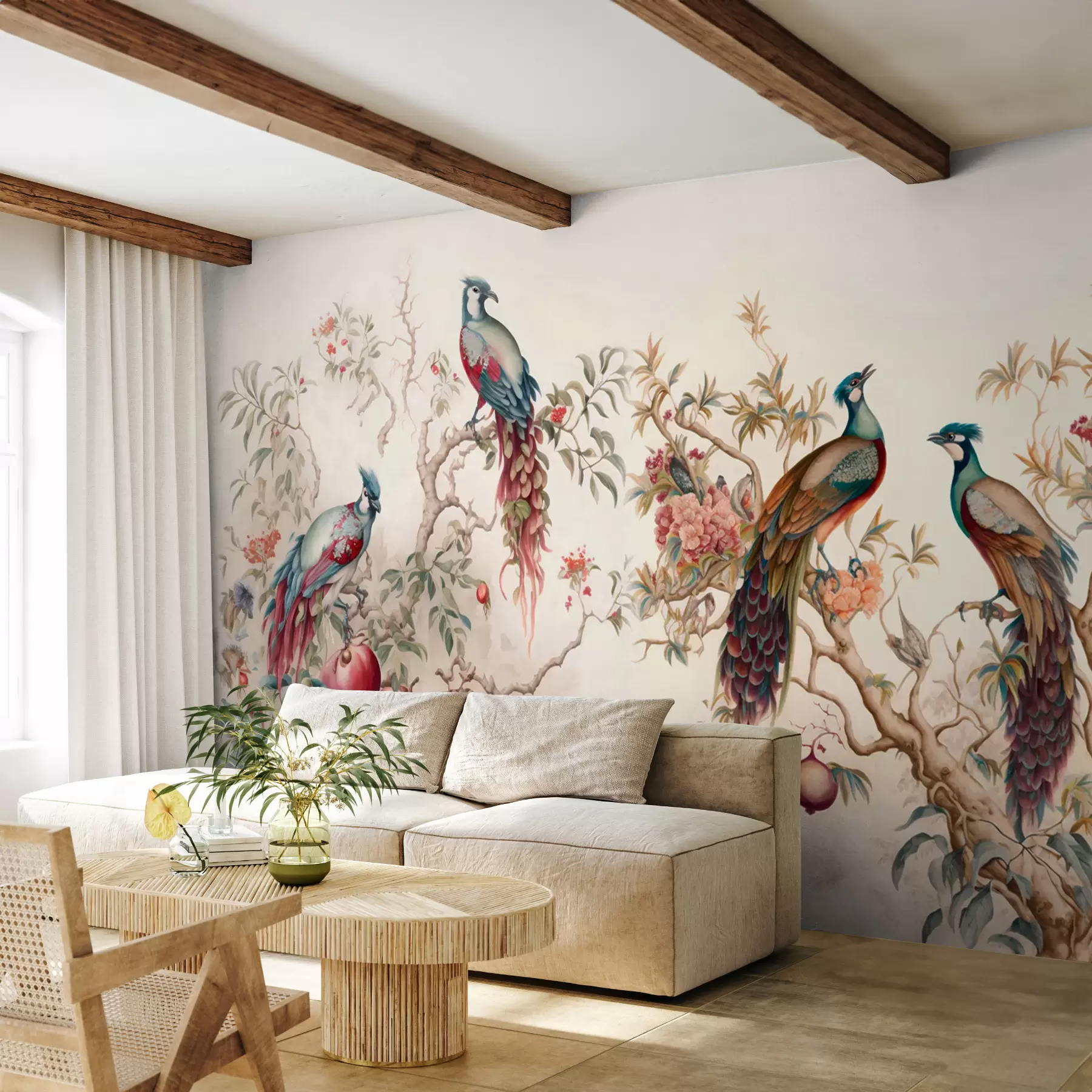 Fotobehang Vogels op de takken van een granaatappel u95667