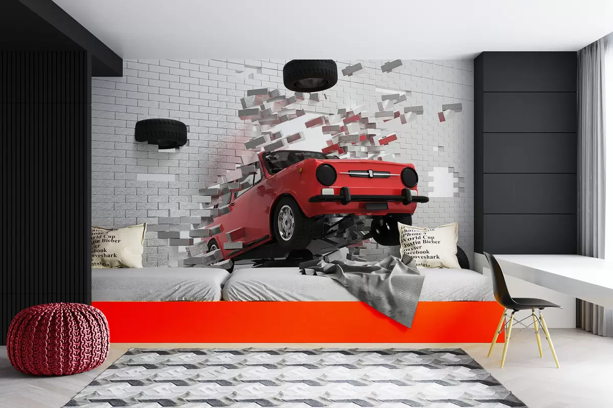 Fotobehang Rode retro auto breekt door een lichte bakstenen muur u96599