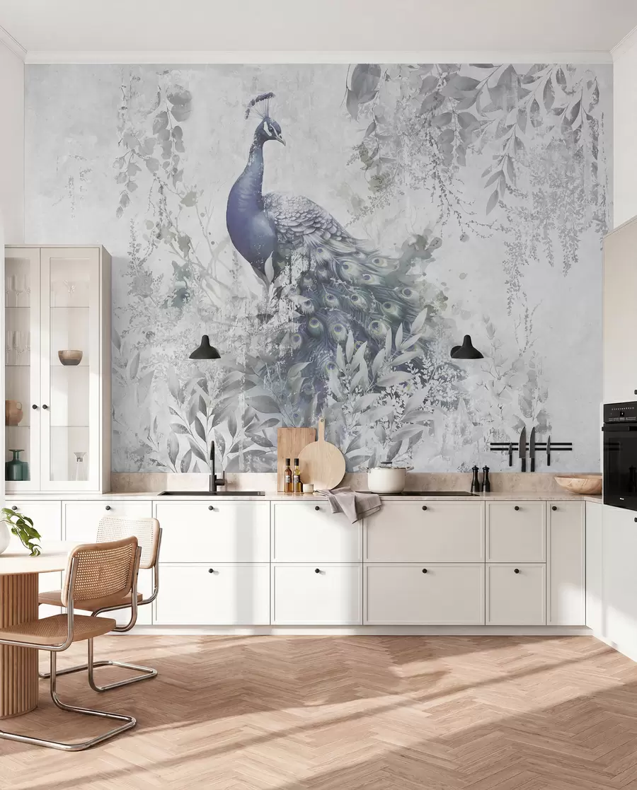 Fotobehang Kwetsbare pauw op grunge concrete achtergrond u96727