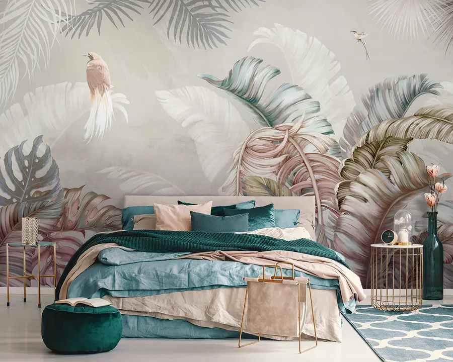 Fotobehang Tropische illustratie met palmbananenbladeren en vogels u96254
