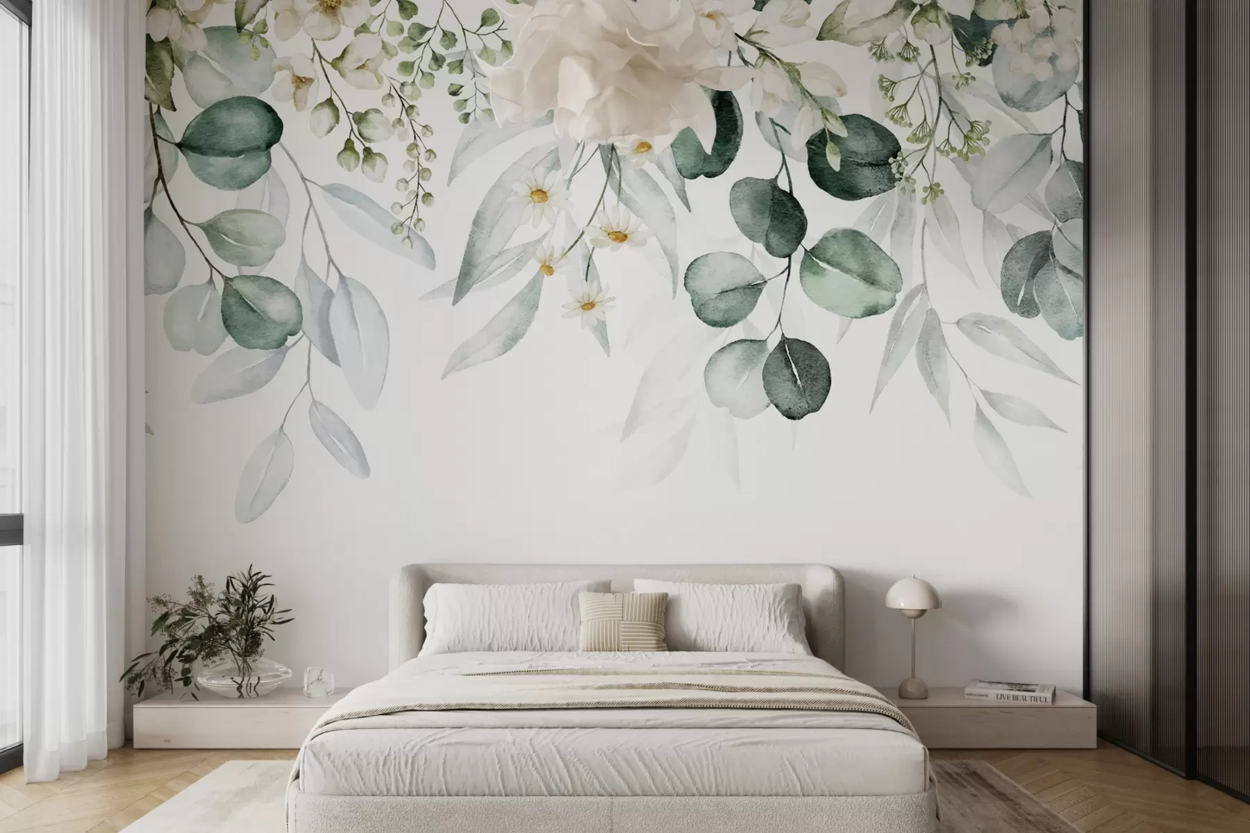Fotobehang Aquarel groene bladeren met bloemen u96336