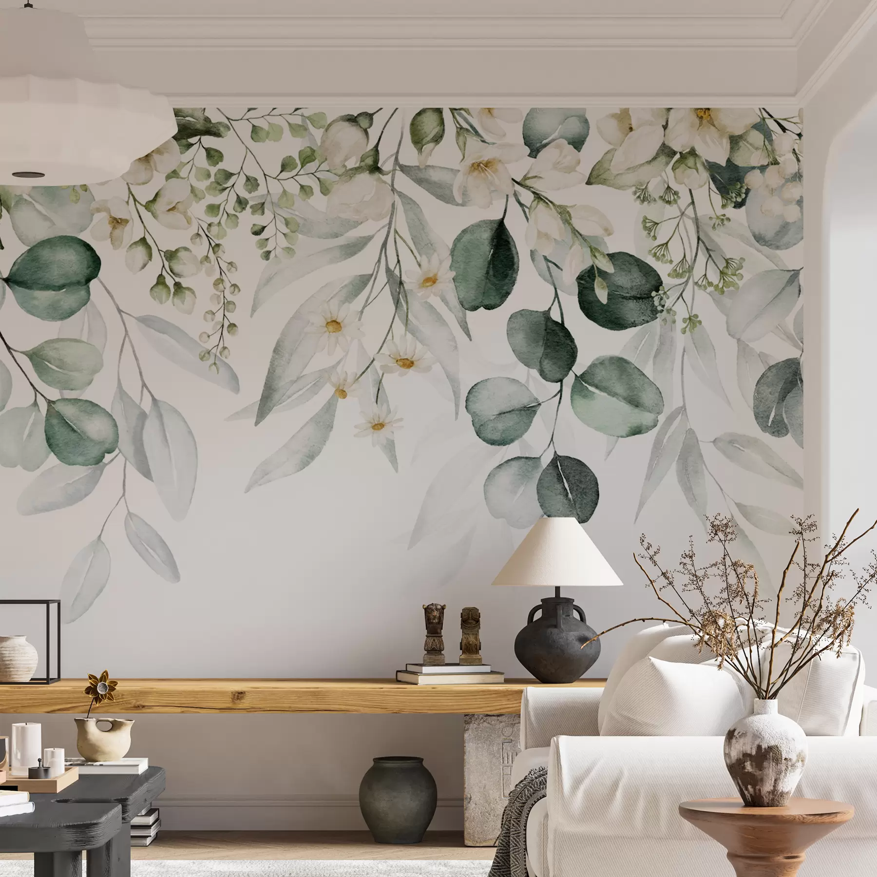 Fotobehang Aquarel groene bladeren met bloemen u96336