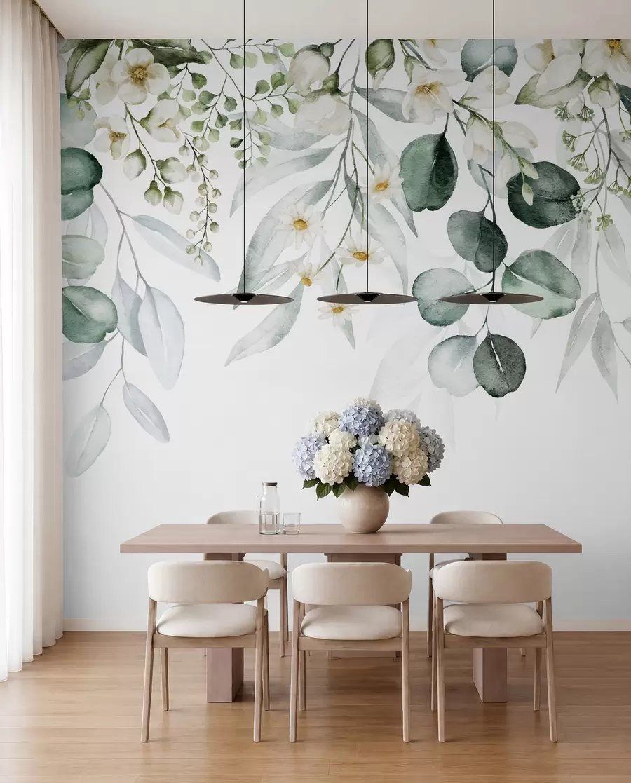 Fotobehang Aquarel groene bladeren met bloemen u96336
