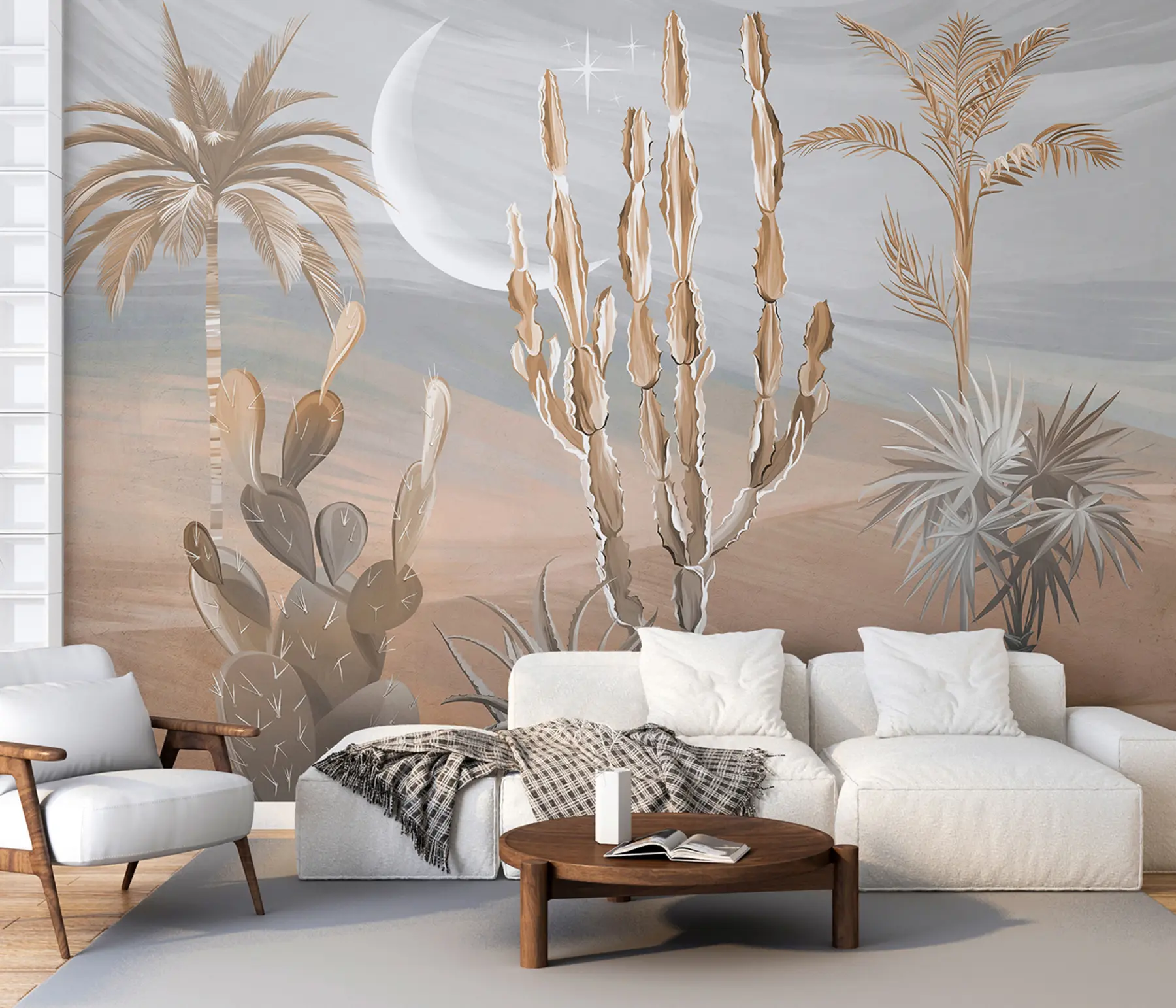 Fotobehang 3D woestijn met cactussen en tropische bladeren u96444