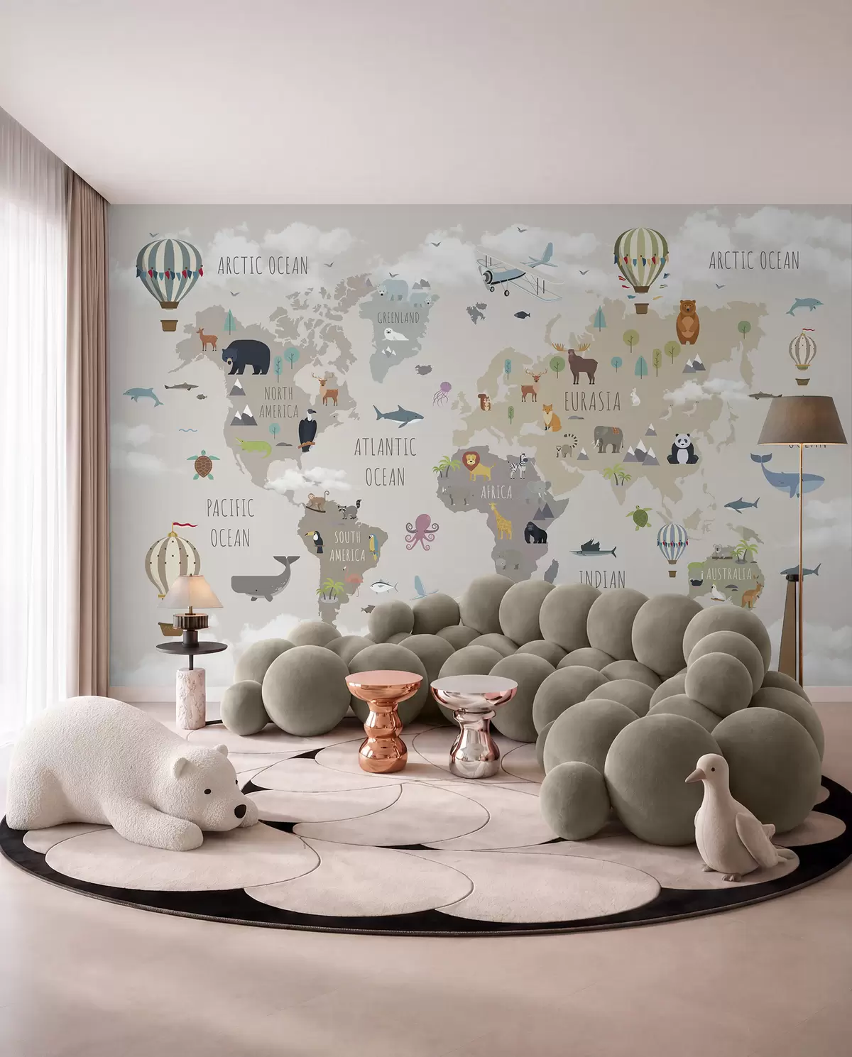 Fotobehang Wereldkaart met dieren en ballonnen u96461